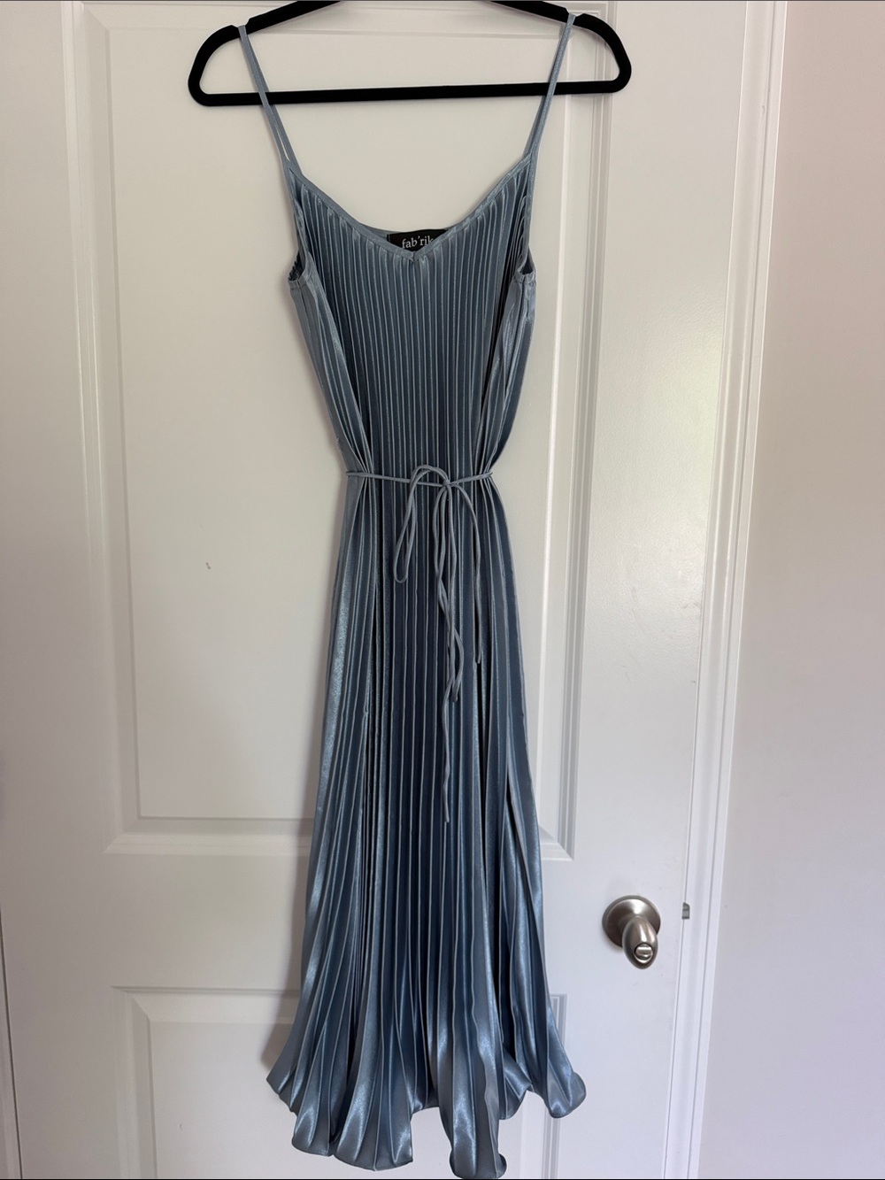 fab'rik Pleated Satin Maxi Slip Dress in Light Blue